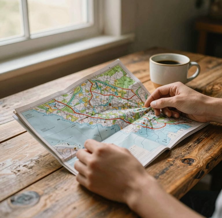 Close-up of hands holding a physical map and a ceramic coffee cup on a rustic wooden table, soft morning window light, organic textures.
