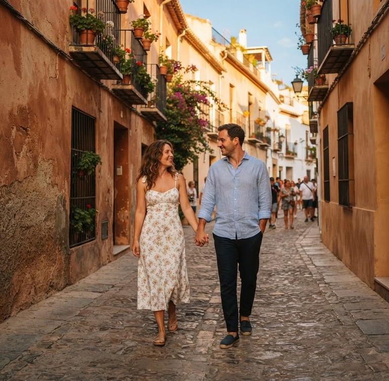 A candid medium shot of a couple walking hand-in-hand through a sun-drenched historic street in Spain, warm golden-hour light, rich terracotta walls, 35mm film style.