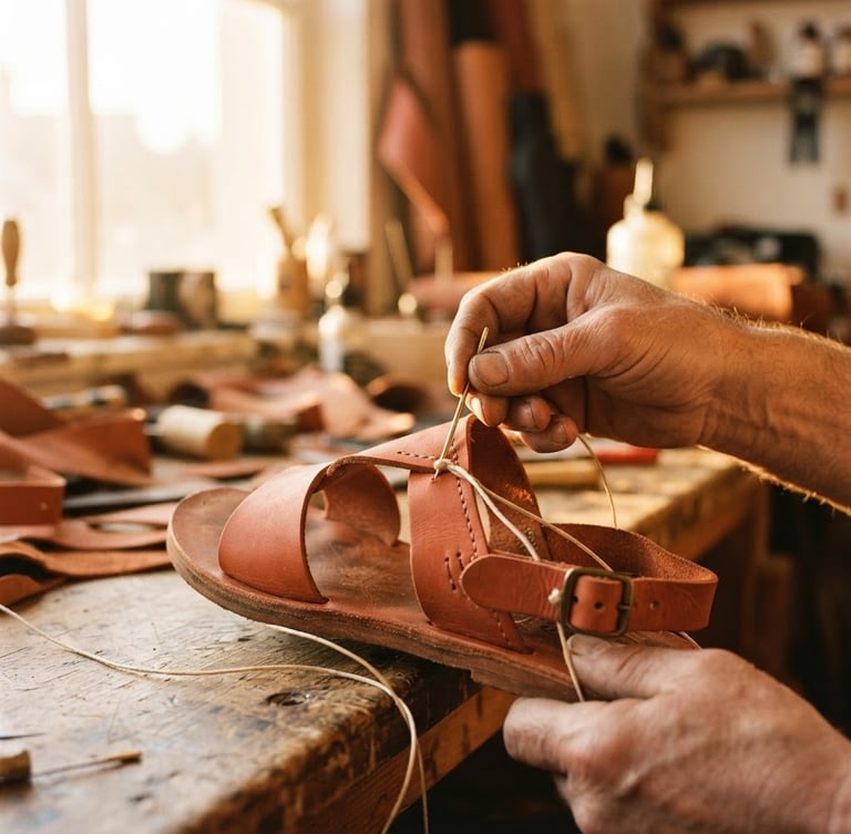 Editorial close-up of a hand stitching a terracotta leather sandal in a sunlit workshop, warm golden-hour light, shallow depth of field, 35mm film.