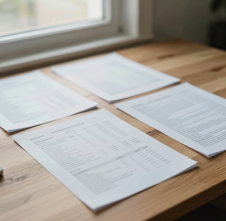A warm editorial photograph of a clean, organized workspace with financial documents laid out neatly on a wooden desk, soft natural window light, muted slate blue and sand tones, shallow depth of field, 35mm
