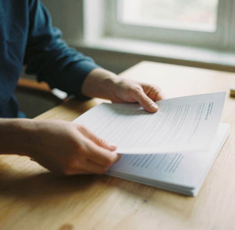 A portrait 3:4 crop of hands organizing structured financial documents on a warm sand wood desk, soft natural window light, shallow depth of field, 35mm