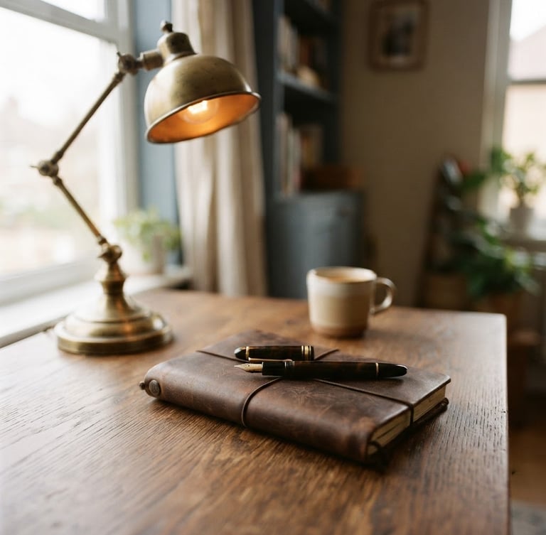 Warm editorial photography of a clean, structured workspace with a leather notebook, fountain pen, and brass desk lamp on a warm oak table, soft natural window light, shallow depth of field, 35mm