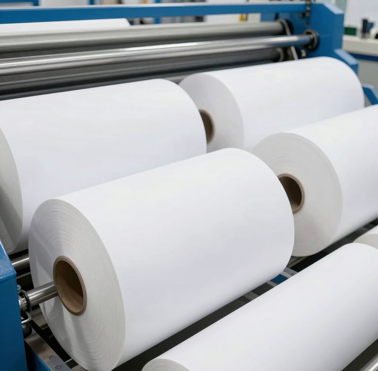 Wide-angle industrial paper manufacturing mill, massive rolls of white paper on automated steel rollers, bright clean daylight, professional B2B trade photography