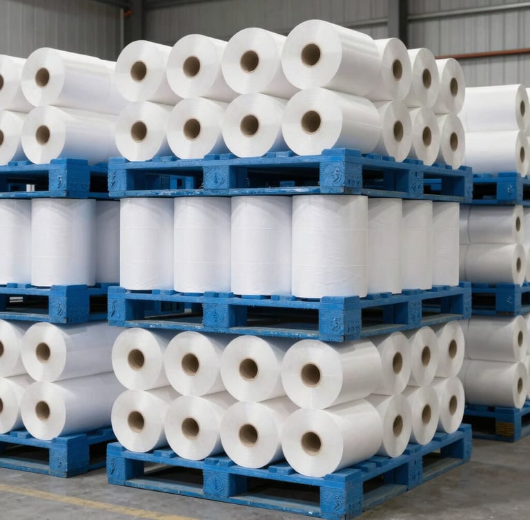 A vertical portrait of neatly stacked pallets of high-grade paper rolls inside a modern, clean B2B warehouse, bright neutral daylight, crisp blue and white tones.