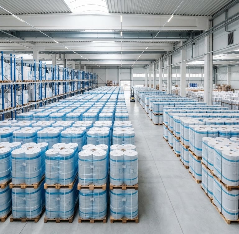 Wide-angle industrial shot of neatly stacked pallets of paper rolls in a bright, clean warehouse under neutral daylight.