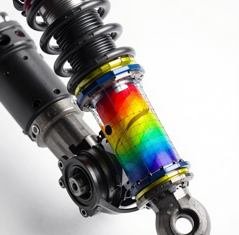 Macro close-up of a complex automotive suspension CAD assembly, showing intricate wireframe overlays, finite element analysis stress gradients, clinical white background, bright studio lighting.