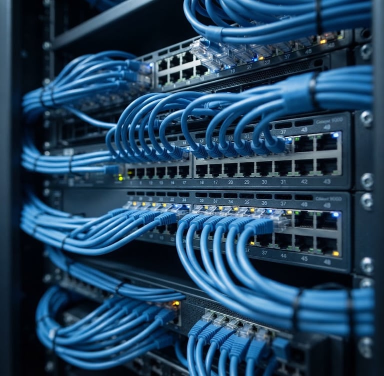 Macro shot of a high-density network switch with clean blue ethernet cabling, cool-toned studio lighting, sharp focus on ports