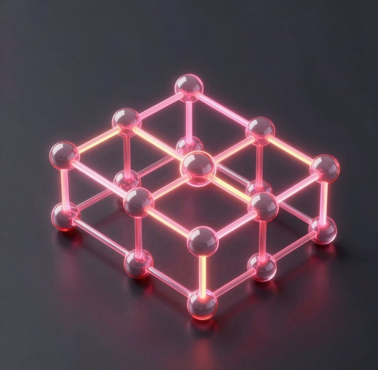 Abstract 3D render of interconnected data nodes, glowing neon pink and yellow light, deep graphite background, glassmorphism, isometric architectural visualization, octane render