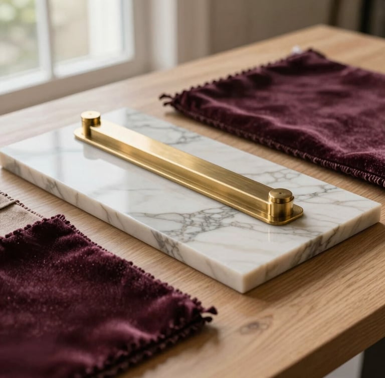 Close-up of rich interior design materials, marble sample with deep veining, brushed brass fixtures, and plum velvet textile swatches on a light oak table, soft natural light
