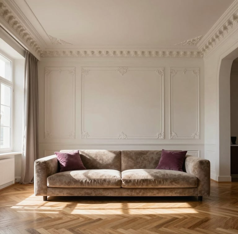 Straight-on architectural shot of a sun-drenched Baku living room, soaring ceilings with delicate neo-classic plaster moldings, a low-slung modern mohair sofa in taupe, soft afternoon window light casting long shadows across herringbone oak floors, 35mm photography.