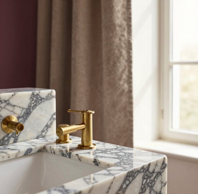 Close-up of rich interior materials, polished Calacatta marble with deep grey veining, brushed brass fixtures, and soft taupe velvet fabric under warm natural window light.