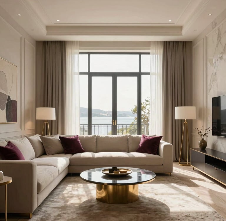 Straight-on architectural elevation of a sun-drenched modern neo-classic living room in Baku, soft afternoon window light, warm ivory and taupe textiles, elegant brass details