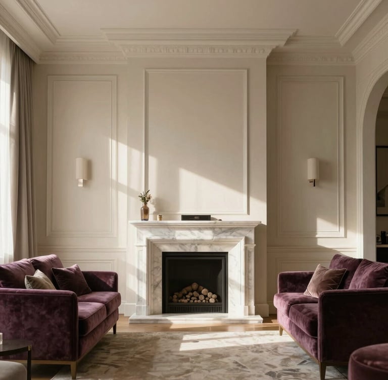 Straight-on architectural elevation of a sun-drenched Baku living room, soft warm afternoon window light pouring over a marble fireplace and plum velvet armchairs, editorial 35mm