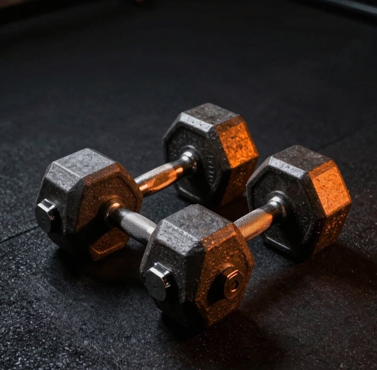 High-contrast athletic photography of heavy steel dumbbells on a dark rubber floor, sharp orange lighting highlights, dramatic shadows, 35mm lens