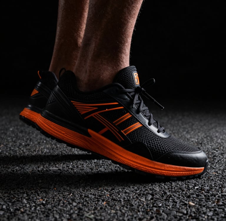 Dynamic close-up of running shoe striking asphalt, high-contrast athletic photography, dramatic studio lighting, deep blacks and sharp orange highlights, 35mm lens