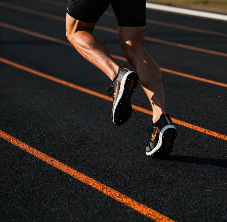 Dynamic close-up of an athlete's legs sprinting on a dark track, sharp orange track lines, high-contrast dramatic morning light, 35mm lens