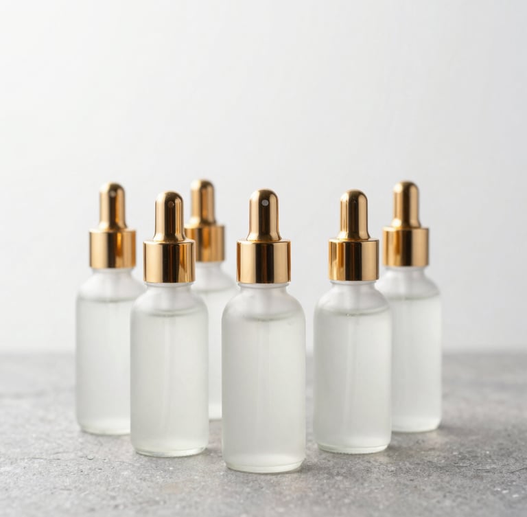 Pristine cosmetic glass bottles with golden pumps arranged architecturally on a stone surface, soft diffused studio lighting, sharp focus, 50mm lens