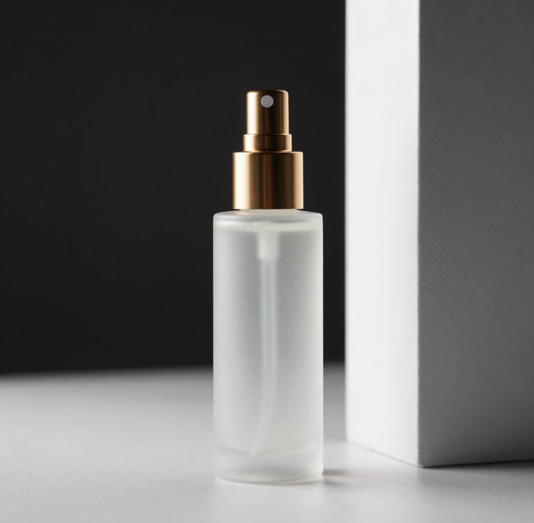 Pristine minimalist cosmetic glass bottle with gold pump, soft diffused studio light, high contrast black and white background, sharp macro focus, architectural composition.