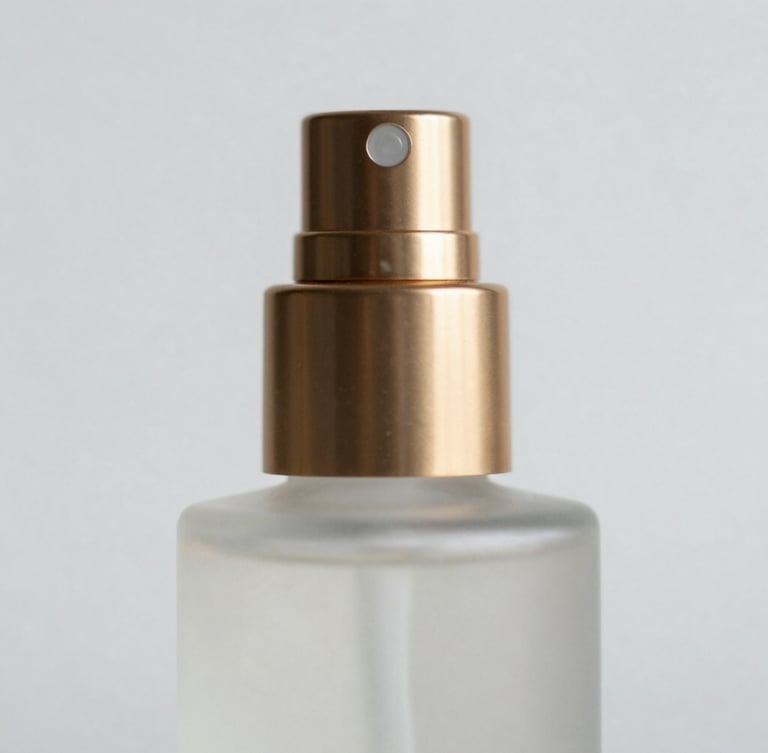 Macro close-up of a premium frosted glass cosmetic bottle with a metallic gold pump nozzle, soft shadows, architectural lighting, minimal composition