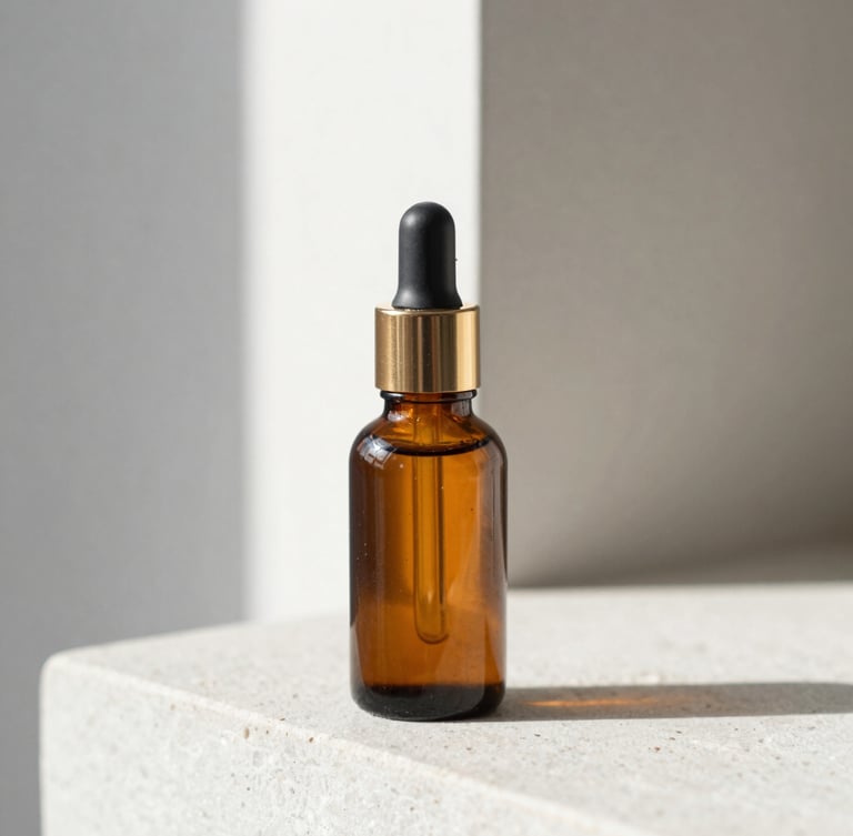 Macro close-up of a premium amber glass cosmetic bottle with a gold pump cap, sitting on a clean stone ledge under soft morning light, minimalist architectural background