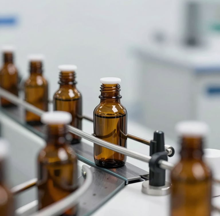 Close-up of clean cosmetic manufacturing line, amber glass bottles moving on a precise conveyor belt, sterile environment, soft lighting