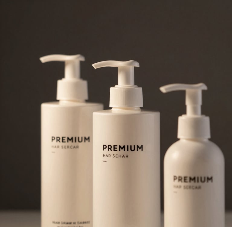Premium professional hair care product bottles in a minimalist setting, dark elegant background with soft gold lighting highlights, editorial product photography