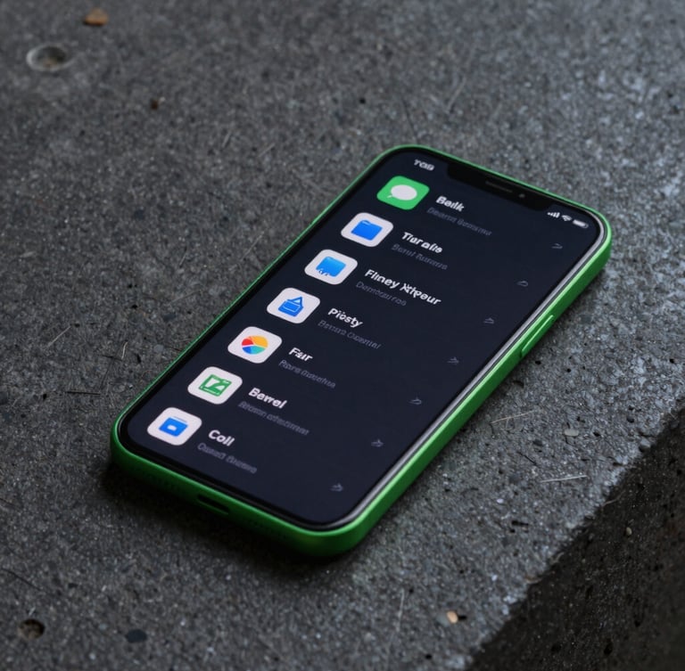 High-fidelity 3D mockup of a modern Android phone displaying a dark-themed file manager with vibrant green accent borders, placed on a dark textured concrete surface under soft side lighting.