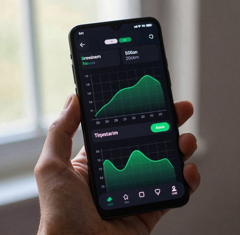 Tight close-up of a hand holding a high-end Android phone, displaying a dark-mode system dashboard with sharp green gridlines and minimalist charts, natural window light.