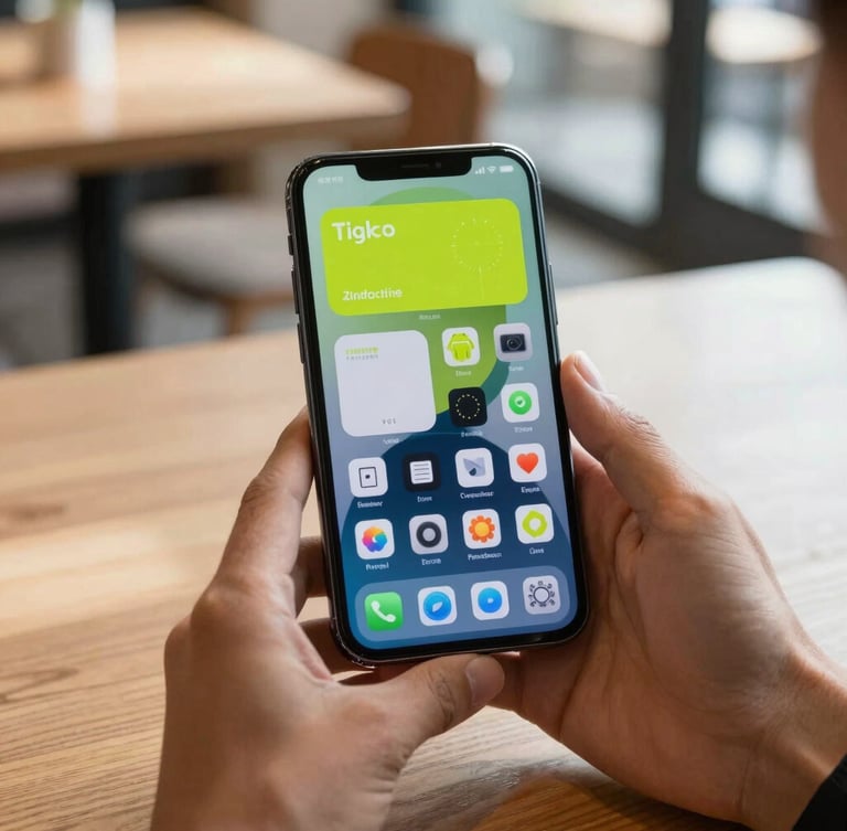 Tight close-up of hands holding a modern Android phone in a bright coffee shop, showing a highly detailed, cyber-lime system widget on the screen, natural daylight casting soft shadows across the table.