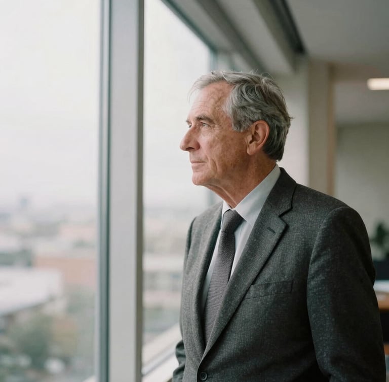A quiet portrait of an elder business leader looking thoughtfully out a window, soft natural overcast light, desaturated earth tones, medium format film aesthetic.