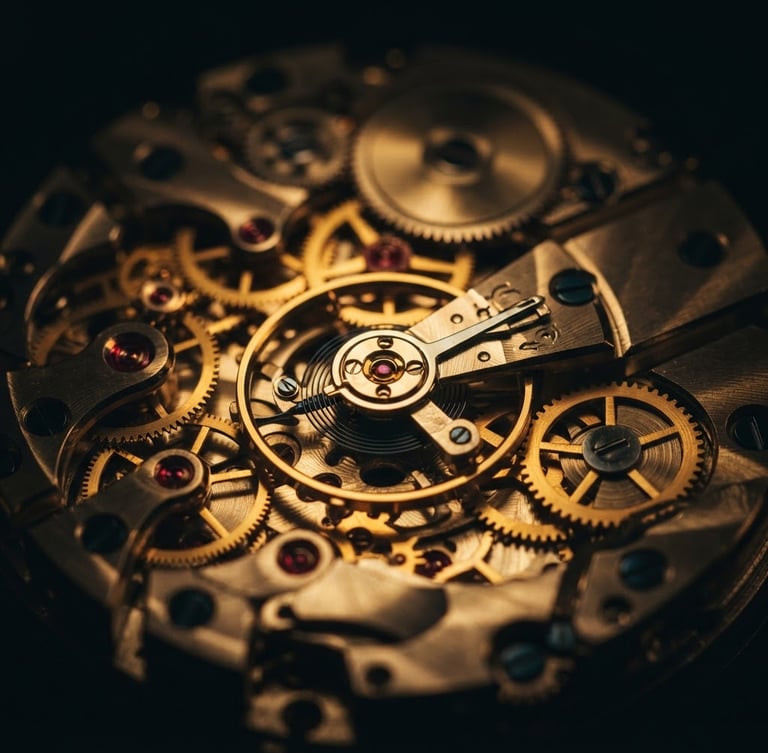 Extreme macro shot of mechanical watch gears under a warm spotlight, deep obsidian background, high contrast metallic reflections, professional luxury product photography