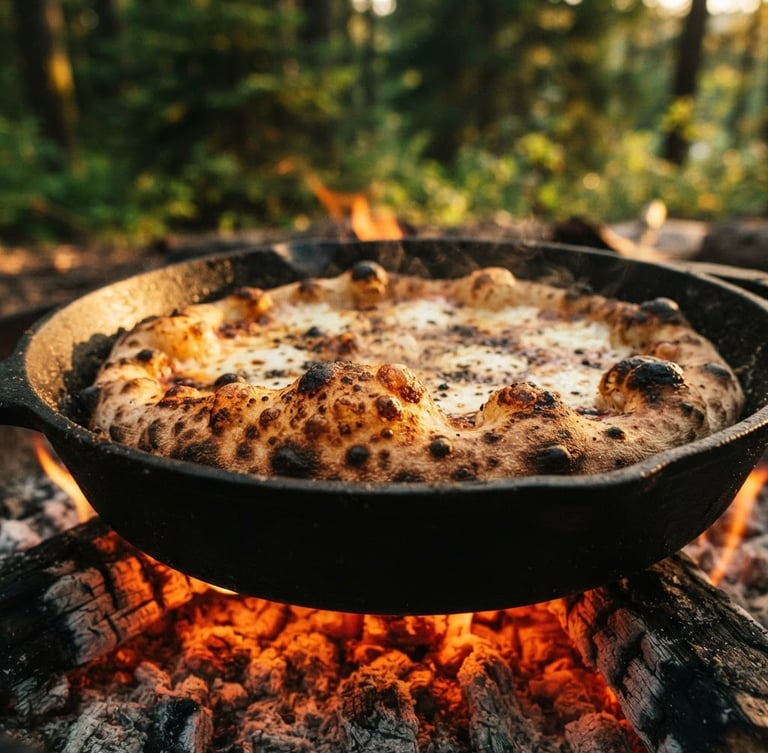 Macro detail shot of a bubbling sourdough pizza crust baking inside a cast-iron skillet over glowing embers, golden-hour light, 35mm
