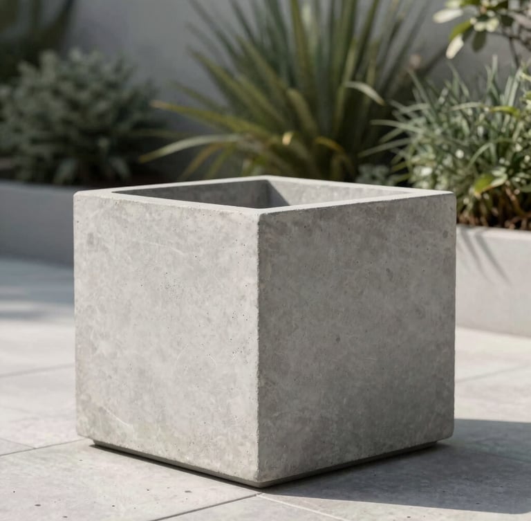 Crisp architectural photography of a minimalist textured concrete planter on a modern patio, sharp morning shadows, desaturated green foliage, 35mm lens.