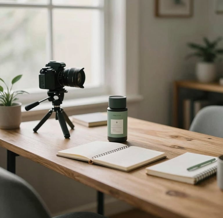 A meticulously organized home office with natural window light illuminating a wooden desk, featuring a camera on a tripod, a notebook, and a product being examined. Muted earth tones, sage accents, shallow depth of field, 35mm film style.