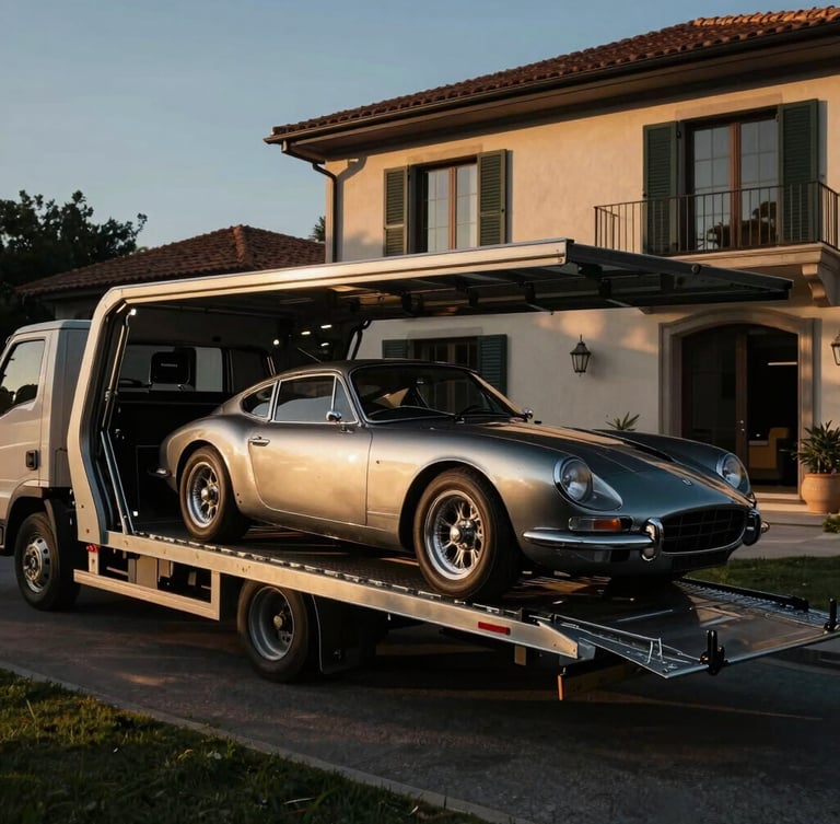 Wide-angle dramatic shot of a vintage sports car being unloaded from a transport carrier at a private villa, golden hour lighting, deep shadows