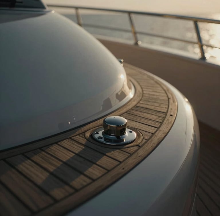 Tight macro shot of a luxury yacht's polished teak deck and chrome hardware, soft diffused golden hour light, deep shadows, elegant composition.