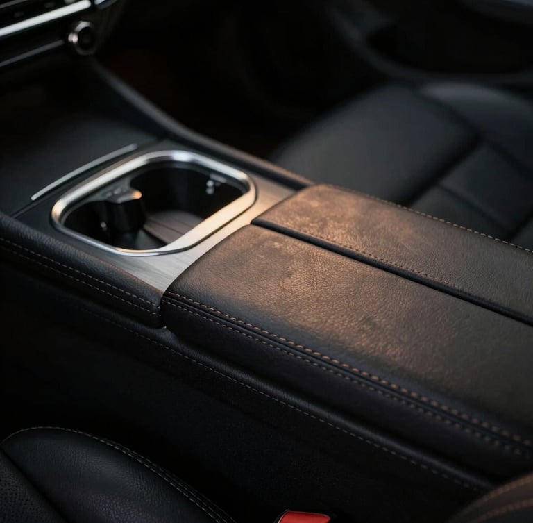 Low-key dramatic close-up of pristine hand-stitched black leather car interior, soft golden hour light reflecting off brushed metallic accents, 35mm anamorphic.