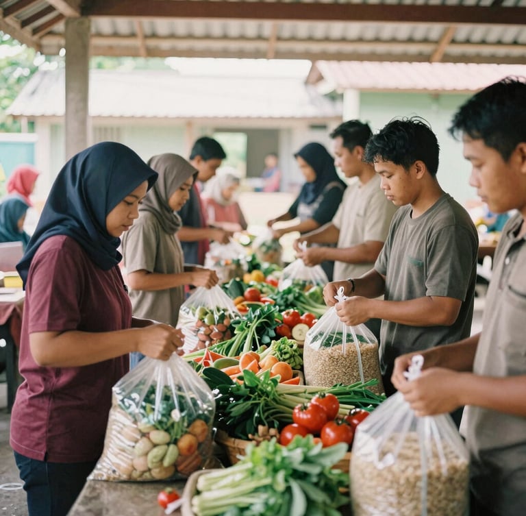 Candid photo of volunteers packing bags of fresh vegetables and rice in a bright, open community hall in Seremban, warm natural daylight, authentic 35mm film look.