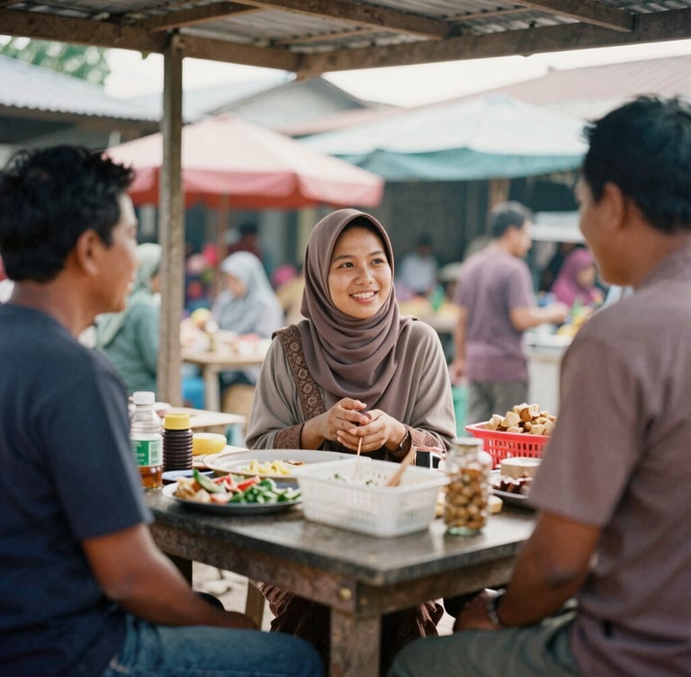 A candidate talking warmly with local market traders at outdoor wooden stalls in Negeri Sembilan, soft morning light, authentic interaction, 35mm film look.