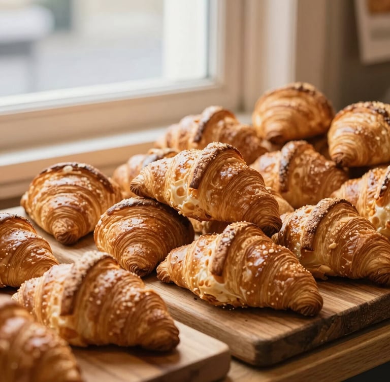 Warm editorial food photography of a bustling market stall with freshly baked golden croissants stacked on rustic wooden boards, soft morning window light, 35mm