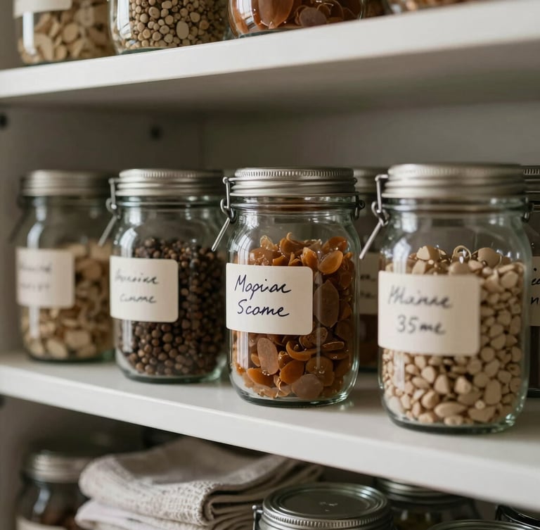 Close-up detail of a beautifully organized pantry shelf, glass jars with hand-written labels, textured linen towels, soft natural side lighting, shallow depth of field, 35mm.