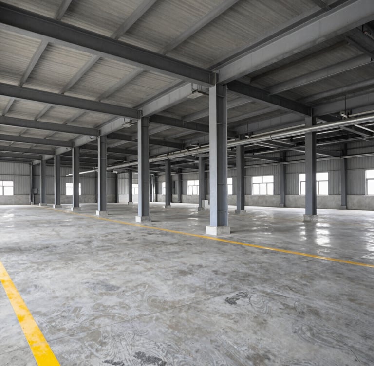 Wide-angle architectural shot of a newly renovated industrial warehouse interior, clean concrete floor, yellow safety lines, structural steel columns, bright daylighting