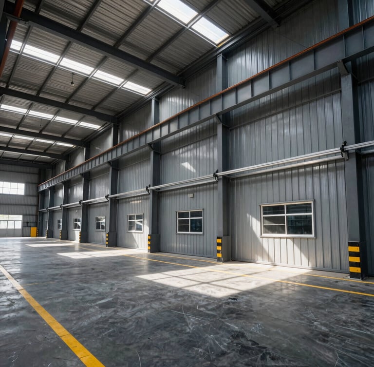 Wide-angle shot of a modern organized industrial warehouse interior, high-contrast daylight streaming through windows, yellow safety lines painted on floor