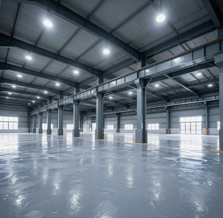 Wide-angle architectural shot of a massive modern industrial warehouse interior, newly painted epoxy floor reflecting bright overhead lights, structural steel beams visible, clean and professional.
