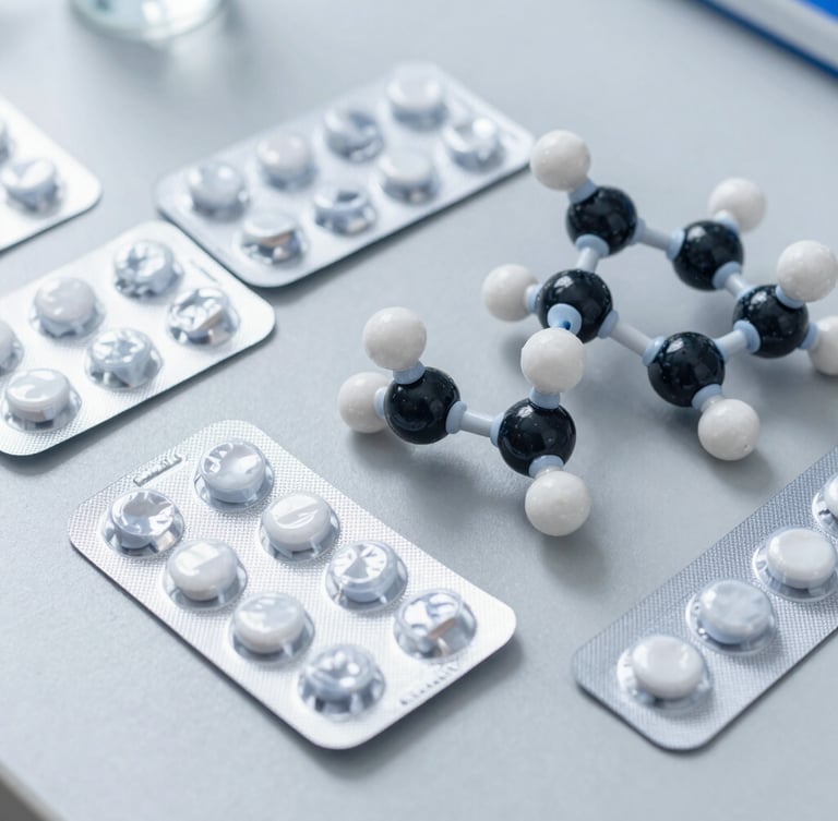 Precise overhead layout of blister packs and molecular models on a sterile slate grey surface, bright crisp laboratory daylight, sharp focus, clinical editorial composition