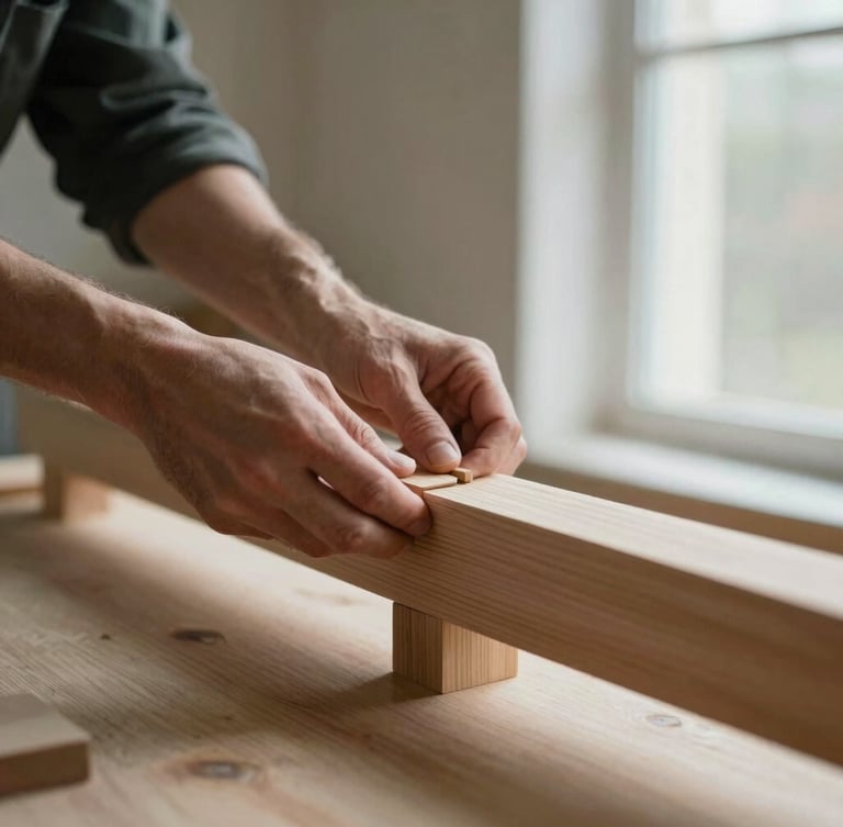 Medium format portrait of a craftsman's hands carefully aligning a solid wood joint, soft natural window light, warm timber tones, clean architectural workspace.