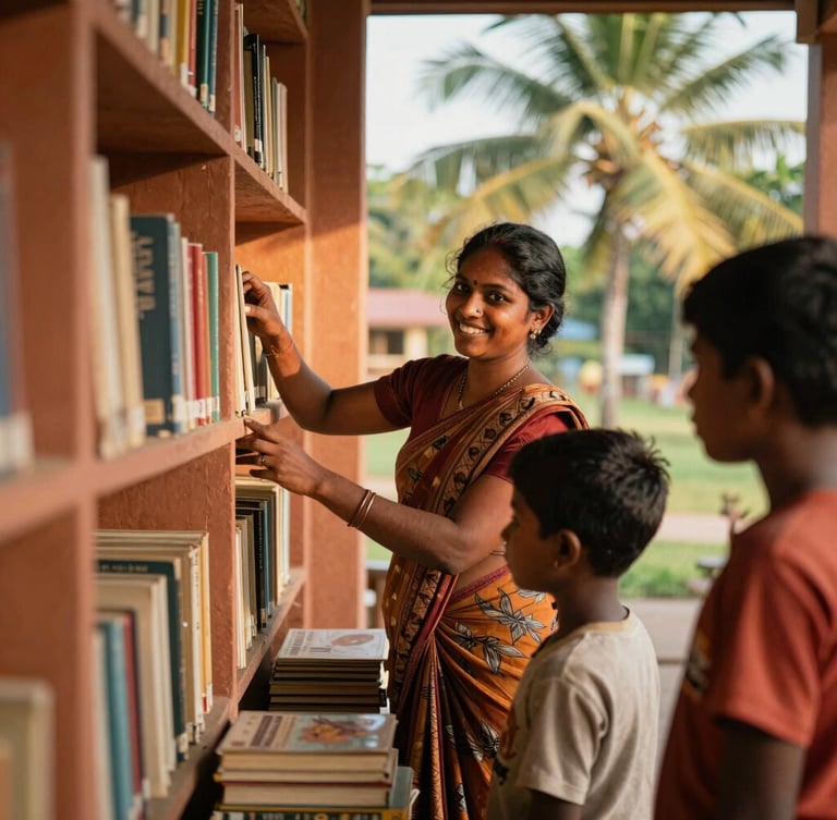 A local Sri Lankan woman smiling warmly as she arranges books with children in a bright, terracotta-walled library space, tropical golden-hour sunlight, authentic documentary style.