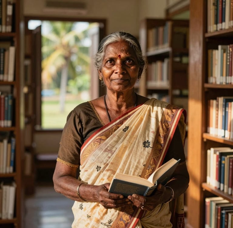 Medium environmental portrait of a Sri Lankan widow standing proudly inside a sunlit library, holding a book, warm natural lighting, 35mm lens