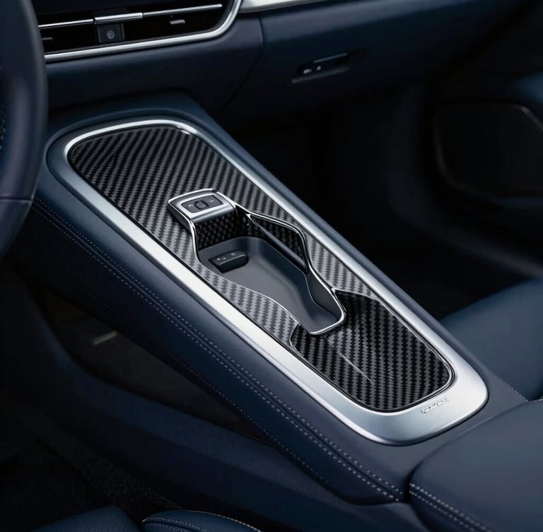Close-up of a premium carbon fiber interior trim installed in a modern sports car, dramatic studio lighting, sharp focus, silver accents