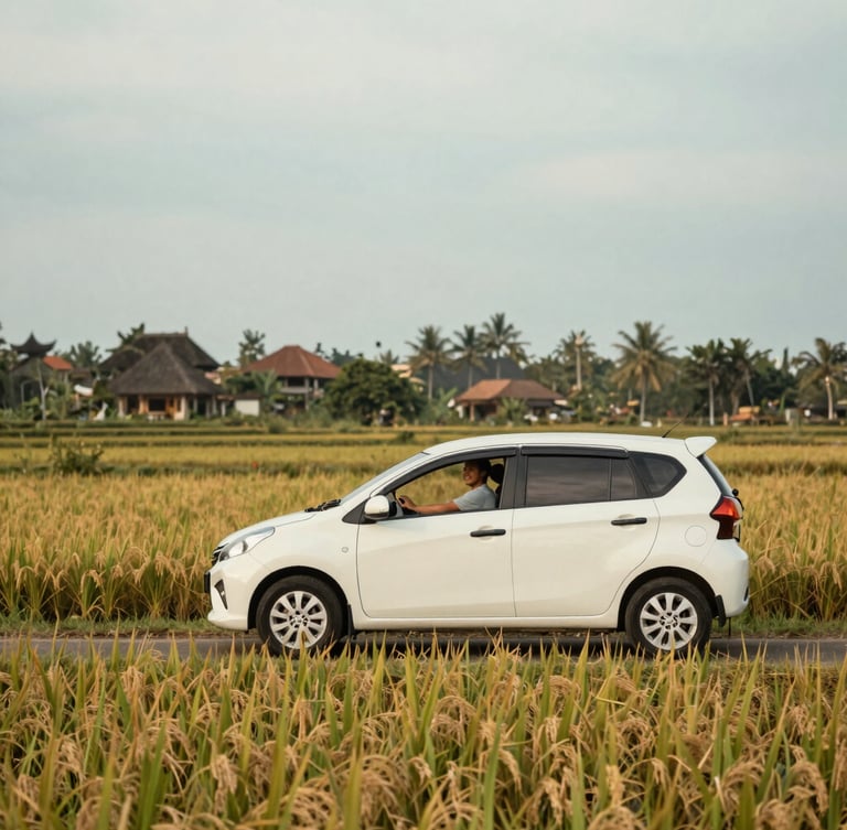 Clean white Daihatsu Xenia car parked by a rice paddy field in Ubud, Bali, driver standing by the car smiling, soft overcast daylight, muted green and sandy tones, wide environmental shot